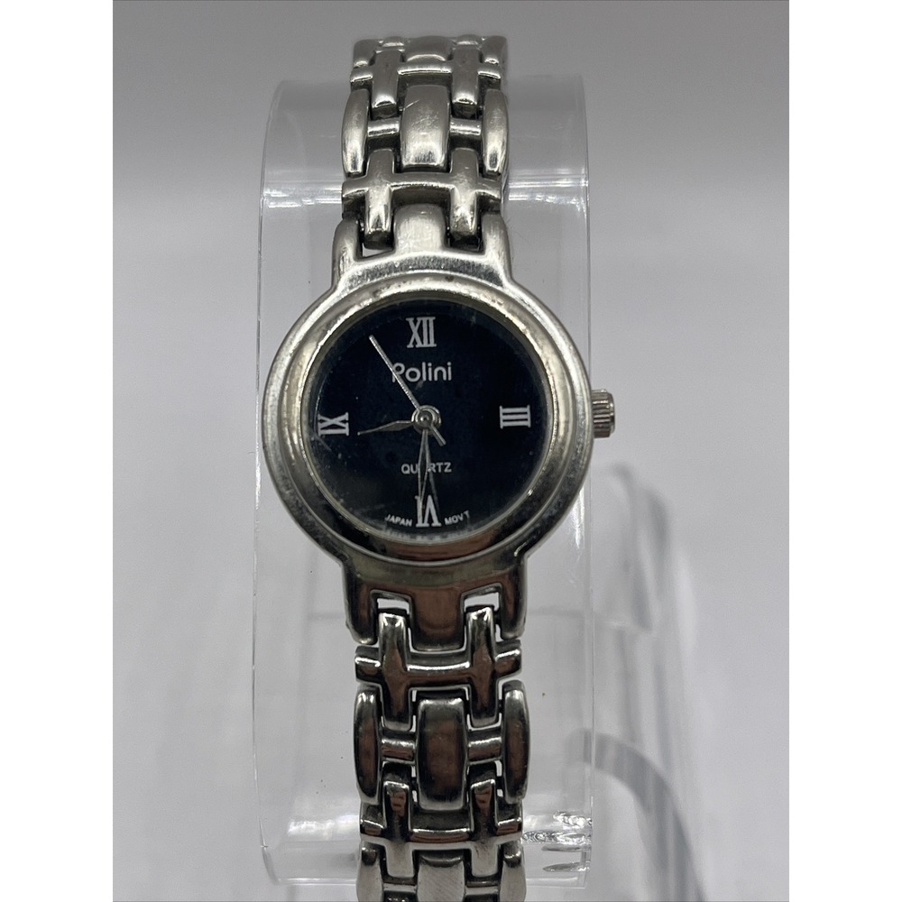 Polini Women's Quartz Watch Silver Tone Band Black Dial- New Battery